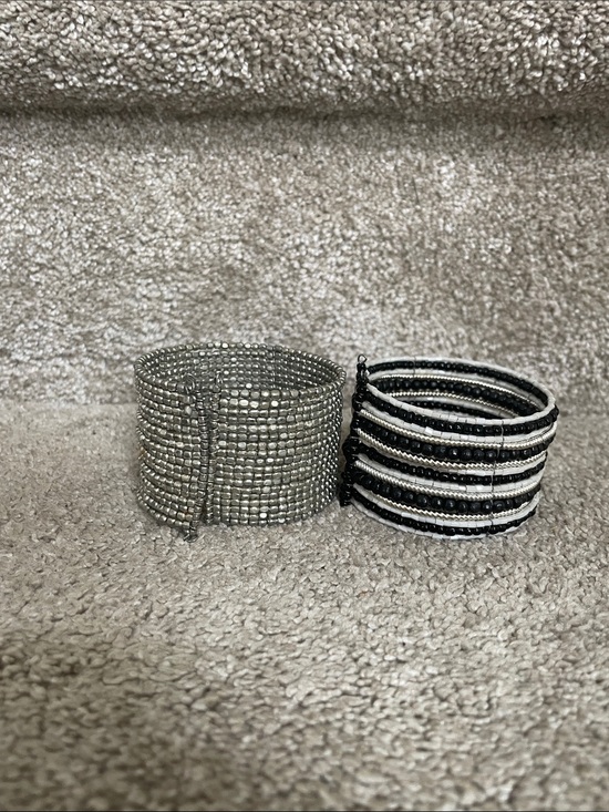 Accessories - Beaded Cuff Bracelets Set - Silver and Black/White